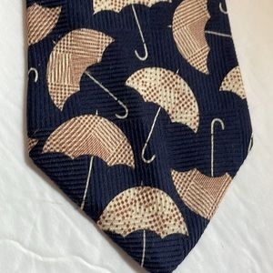 Echo 100% silk Repp necktie tie dark blue with brown umbrella design 58” X 3.5”